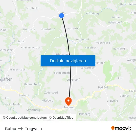 Gutau to Tragwein map