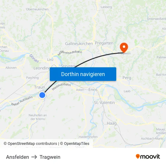 Ansfelden to Tragwein map