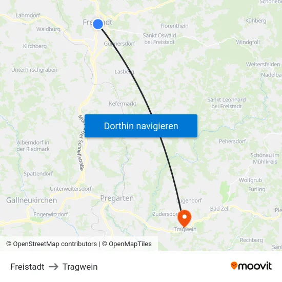 Freistadt to Tragwein map