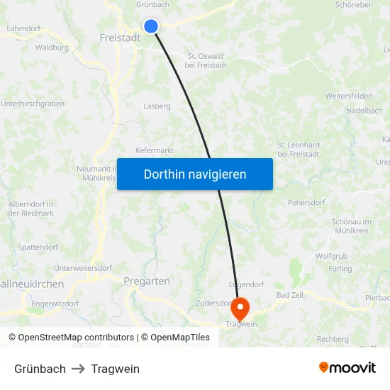 Grünbach to Tragwein map