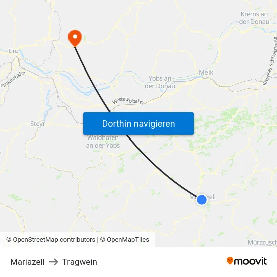 Mariazell to Tragwein map