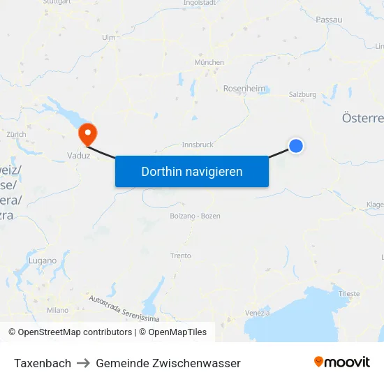 Taxenbach to Gemeinde Zwischenwasser map