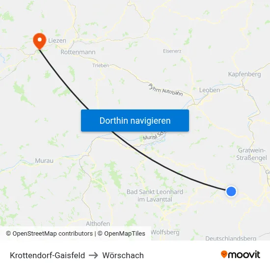 Krottendorf-Gaisfeld to Wörschach map