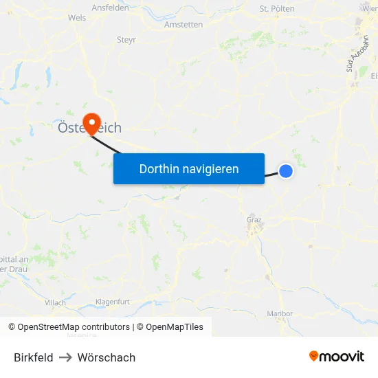 Birkfeld to Wörschach map