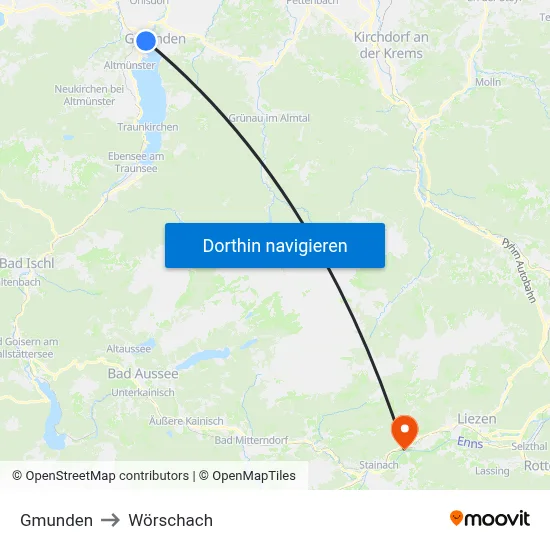 Gmunden to Wörschach map