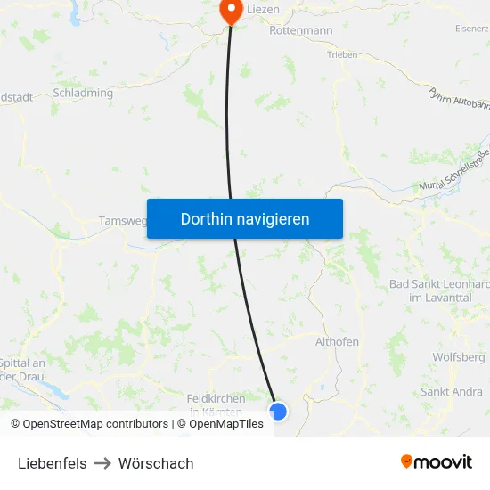 Liebenfels to Wörschach map