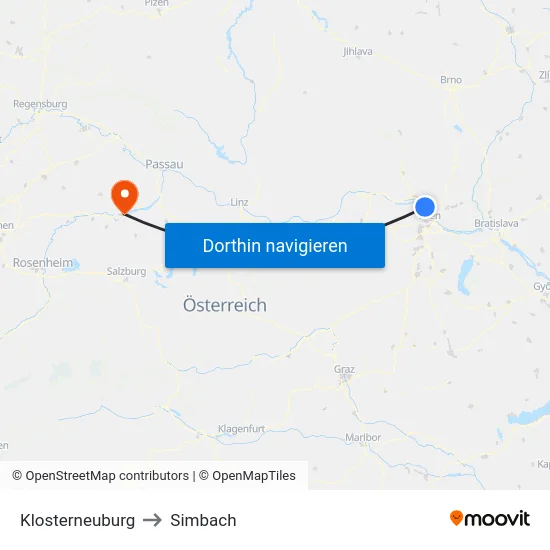 Klosterneuburg to Simbach map