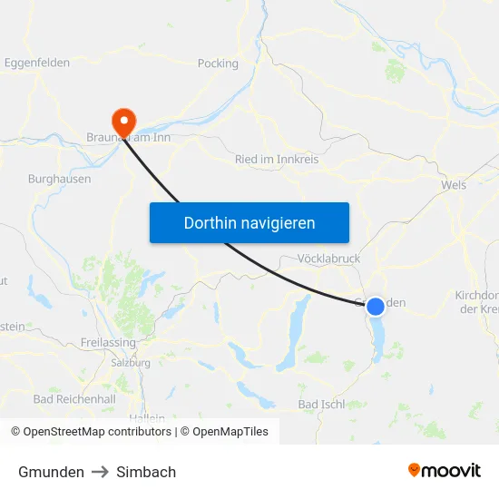 Gmunden to Simbach map