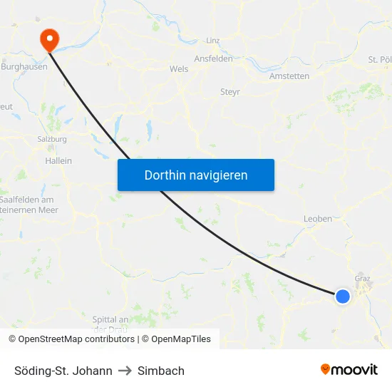 Söding-St. Johann to Simbach map