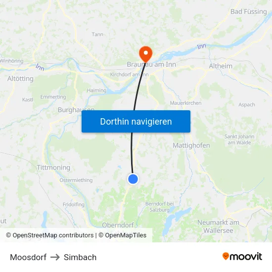 Moosdorf to Simbach map