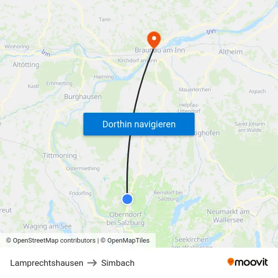 Lamprechtshausen to Simbach map