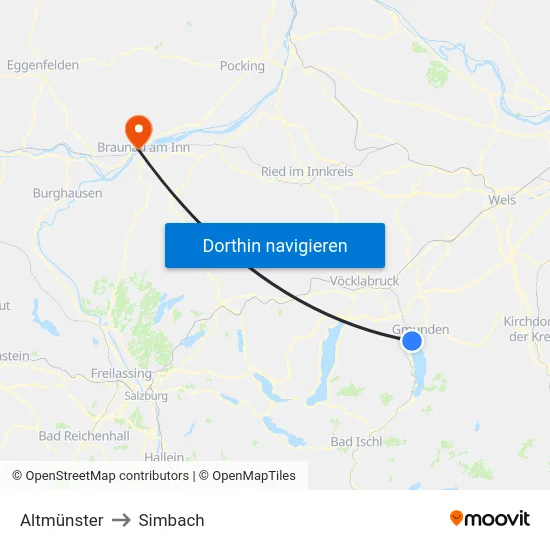 Altmünster to Simbach map