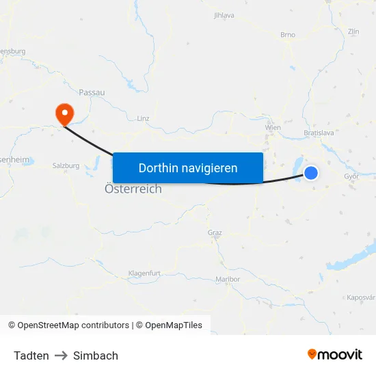 Tadten to Simbach map