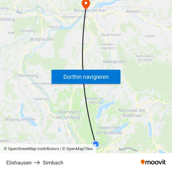 Elixhausen to Simbach map