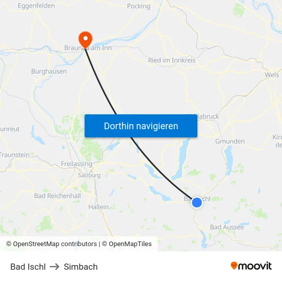 Bad Ischl to Simbach map