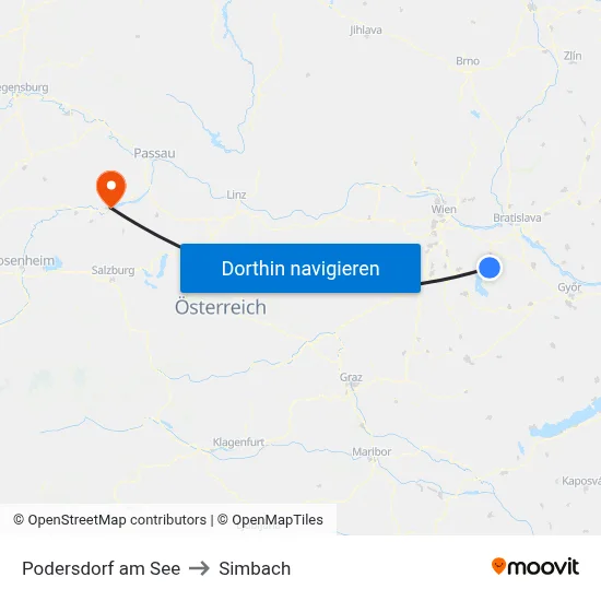 Podersdorf am See to Simbach map