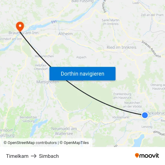 Timelkam to Simbach map
