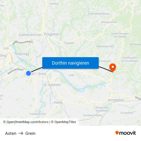Asten to Grein map