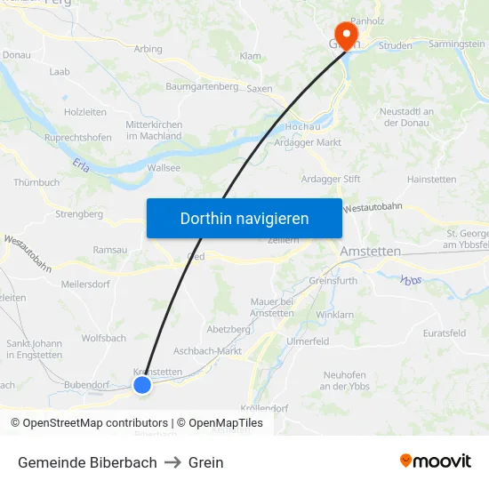 Gemeinde Biberbach to Grein map