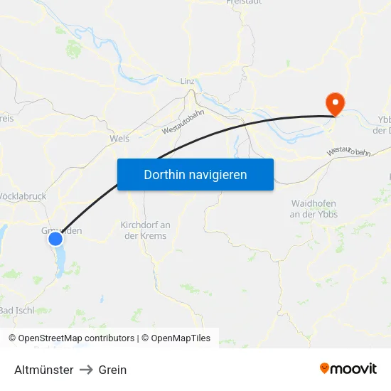 Altmünster to Grein map