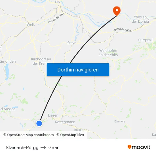 Stainach-Pürgg to Grein map