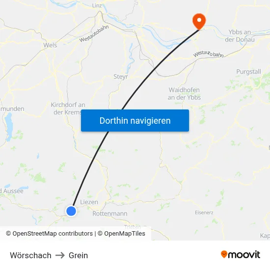 Wörschach to Grein map
