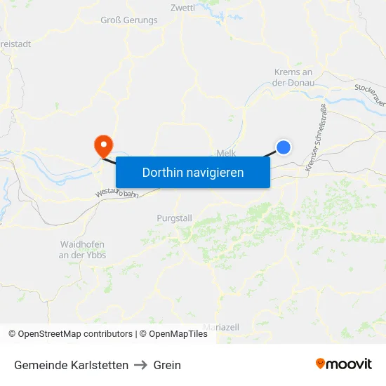 Gemeinde Karlstetten to Grein map