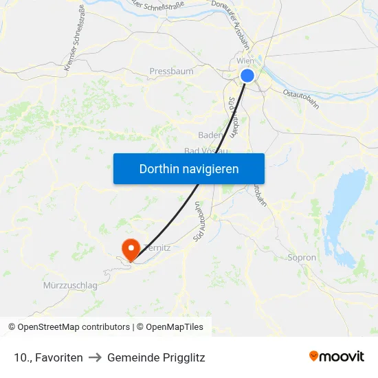 10., Favoriten to Gemeinde Prigglitz map