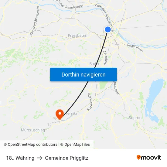 18., Währing to Gemeinde Prigglitz map