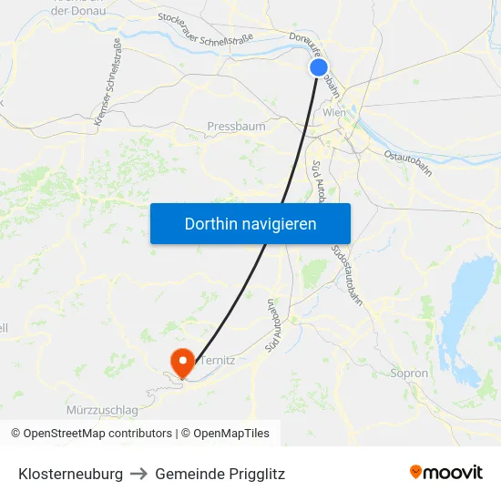 Klosterneuburg to Gemeinde Prigglitz map