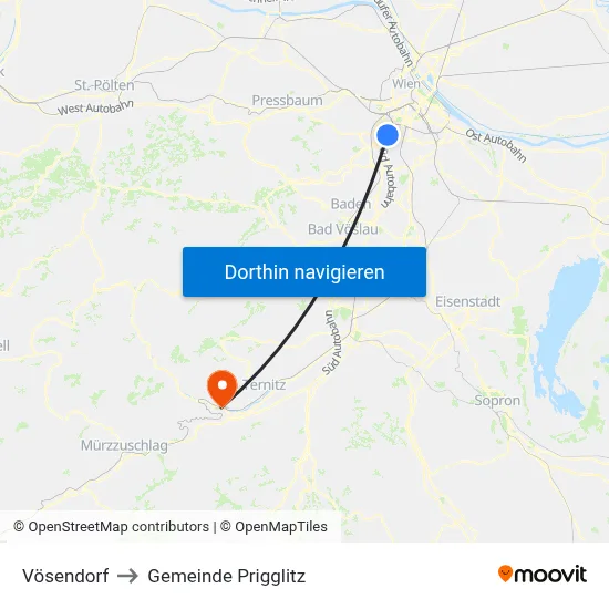 Vösendorf to Gemeinde Prigglitz map
