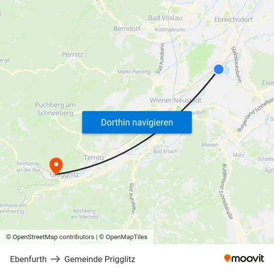 Ebenfurth to Gemeinde Prigglitz map