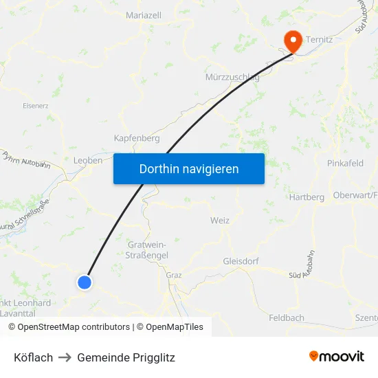 Köflach to Gemeinde Prigglitz map