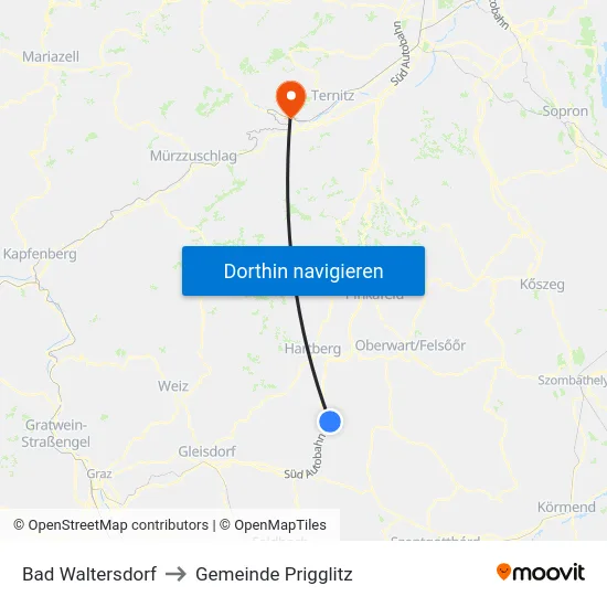 Bad Waltersdorf to Gemeinde Prigglitz map