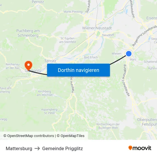 Mattersburg to Gemeinde Prigglitz map
