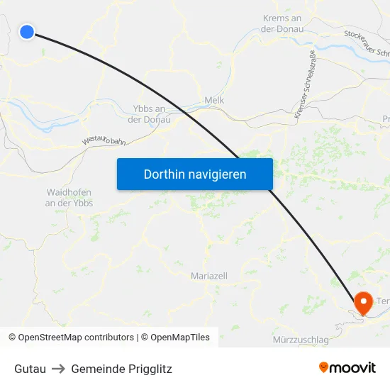 Gutau to Gemeinde Prigglitz map