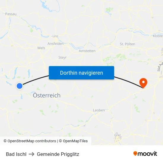 Bad Ischl to Gemeinde Prigglitz map