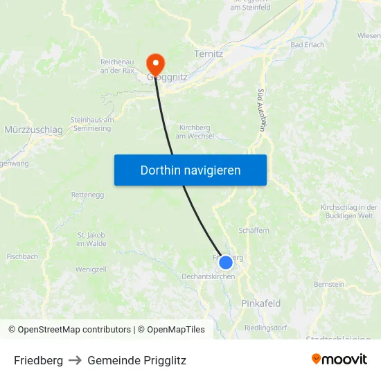 Friedberg to Gemeinde Prigglitz map