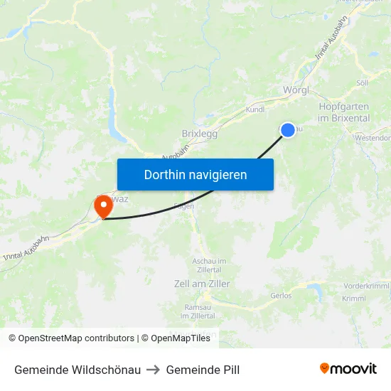 Gemeinde Wildschönau to Gemeinde Pill map