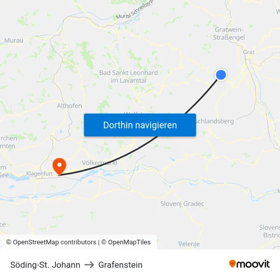 Söding-St. Johann to Grafenstein map