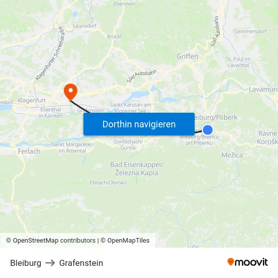 Bleiburg to Grafenstein map