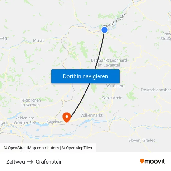 Zeltweg to Grafenstein map