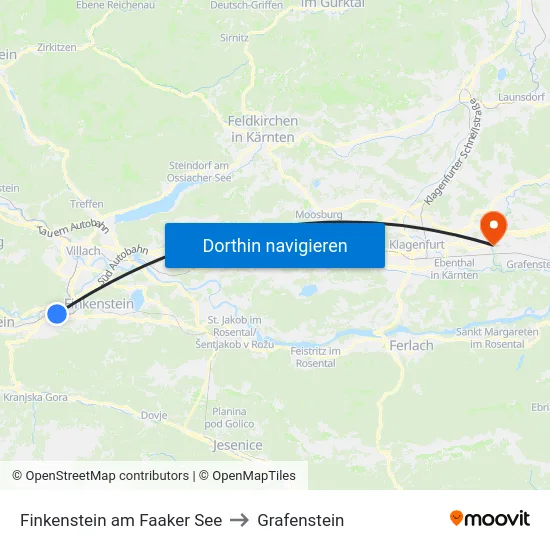 Finkenstein am Faaker See to Grafenstein map