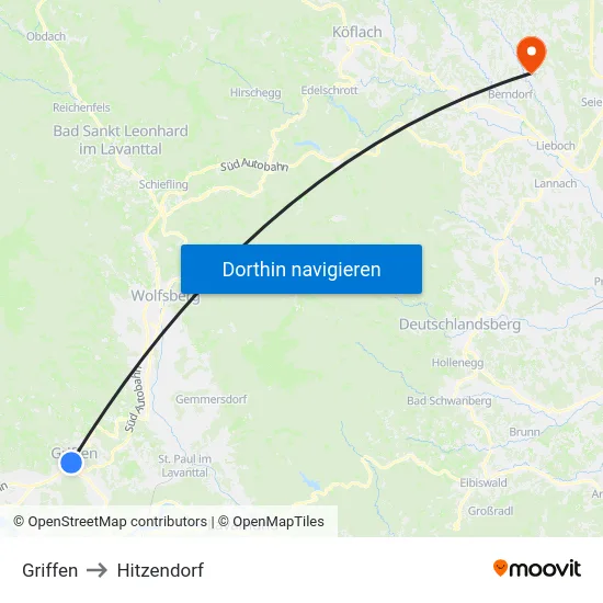 Griffen to Hitzendorf map