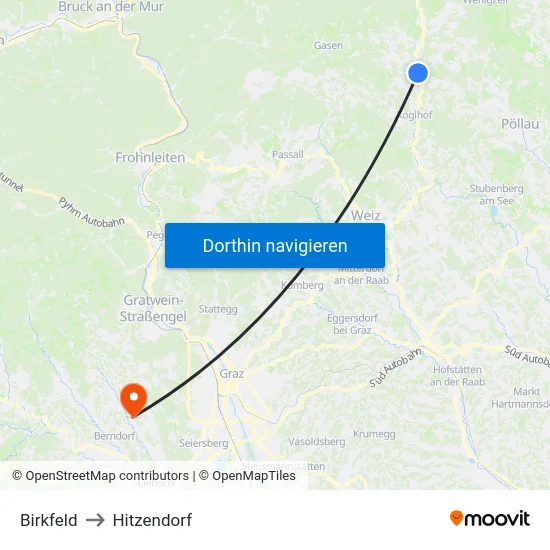 Birkfeld to Hitzendorf map