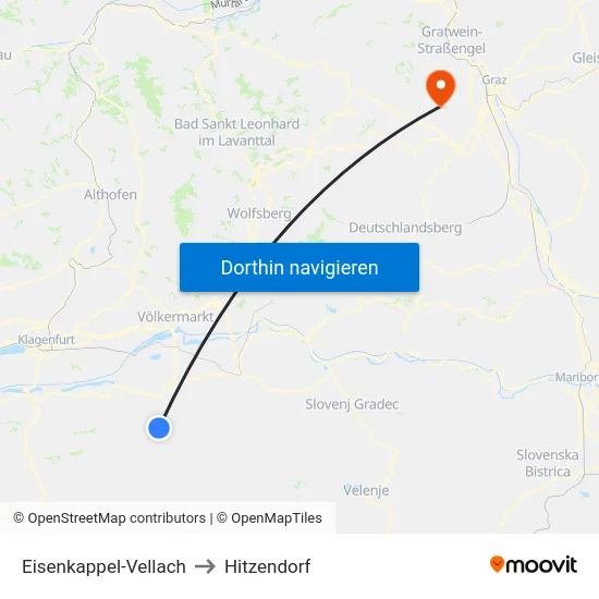 Eisenkappel-Vellach to Hitzendorf map