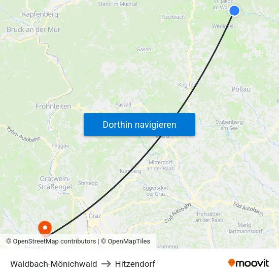 Waldbach-Mönichwald to Hitzendorf map