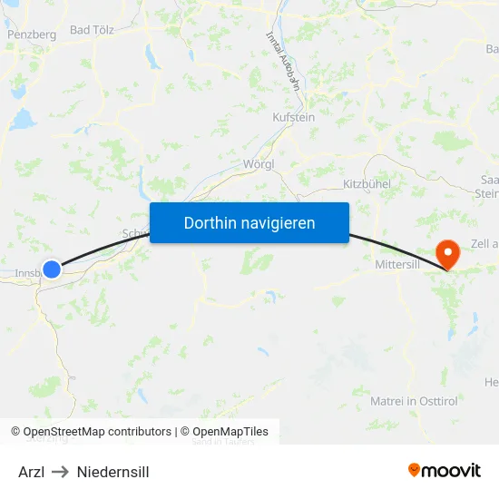 Arzl to Niedernsill map