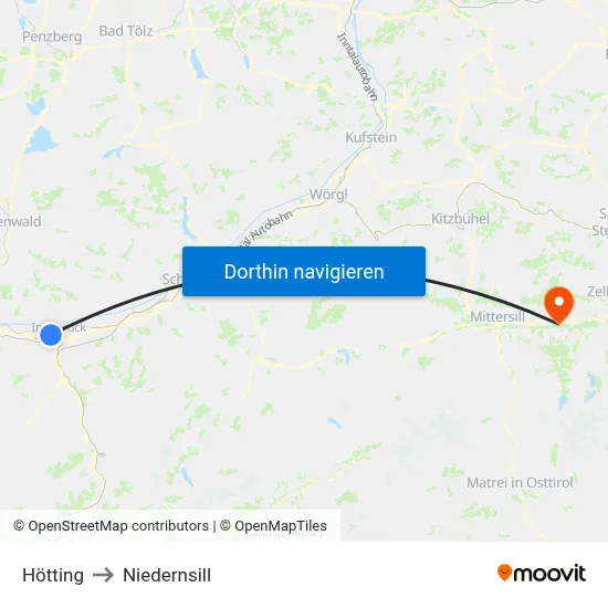 Hötting to Niedernsill map