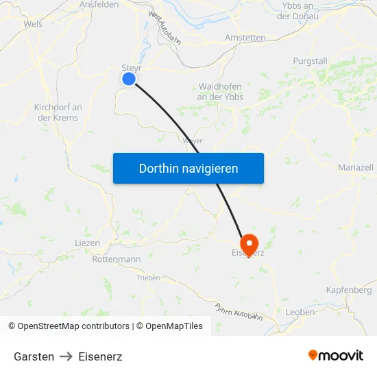 Garsten to Eisenerz map